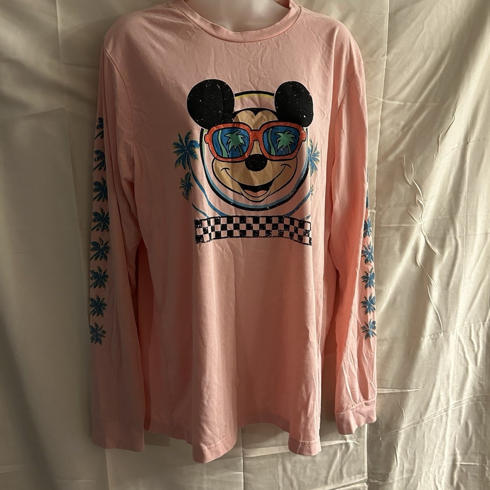 New Medium Pink Long Sleeve Disney Palm Tree Embellished Tee #1907*8